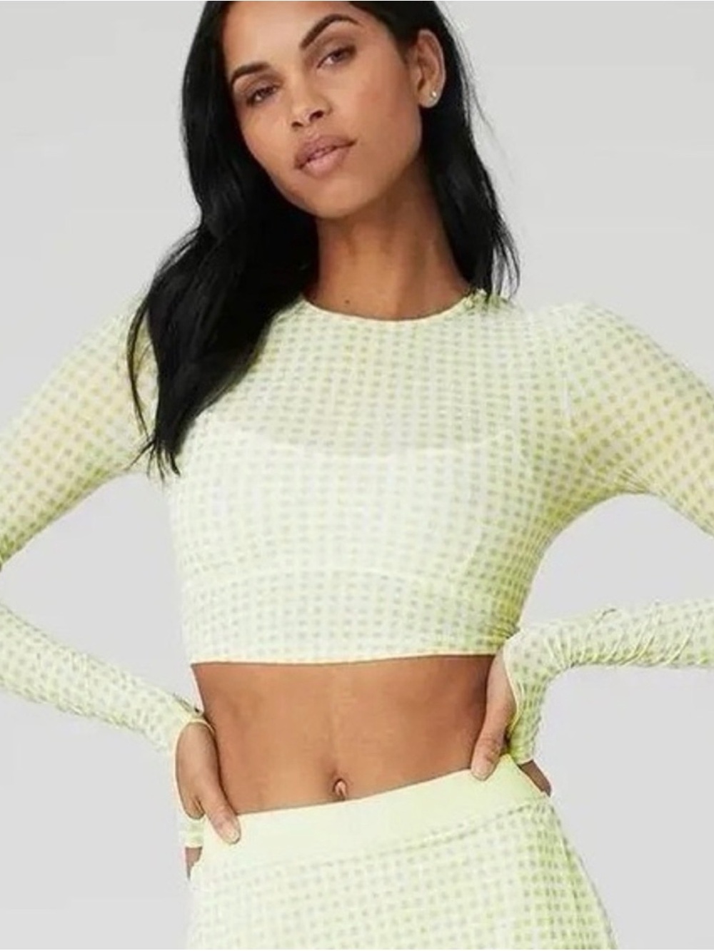 ALO Yoga Lime Green Gingham Long-Sleeve Cropped Top - Picture 1 of 5